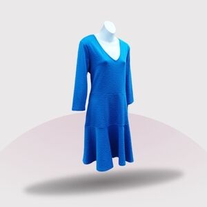 NY Collection Blue V-Neck Tiered Knee Length Dress Size L Polyester/Spandex